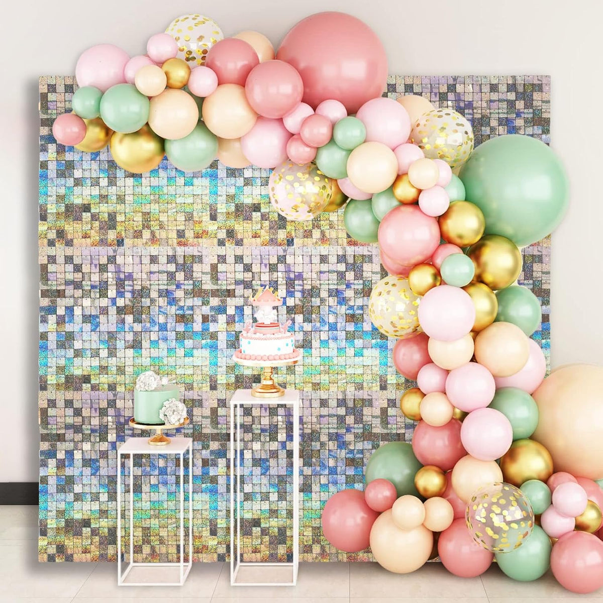 24PCS Silver Shimmer Wall Backdrop, Laser Square Sequin Photo Backdrops Panel, Glitter Wall