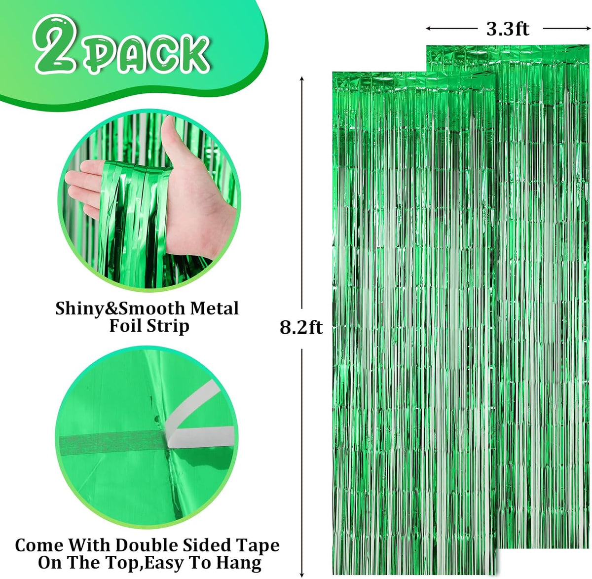 2 Pack Green Foil Fringe Backdrop Curtains, Tinsel Streamers Birthday Party Decorations, Fringe