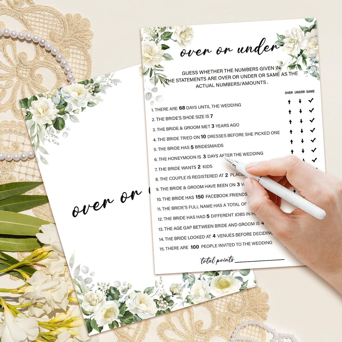 Eucalyptus Bridal Shower Games 30 Guests, Over or Under Bridal Games for Showers, White Rose