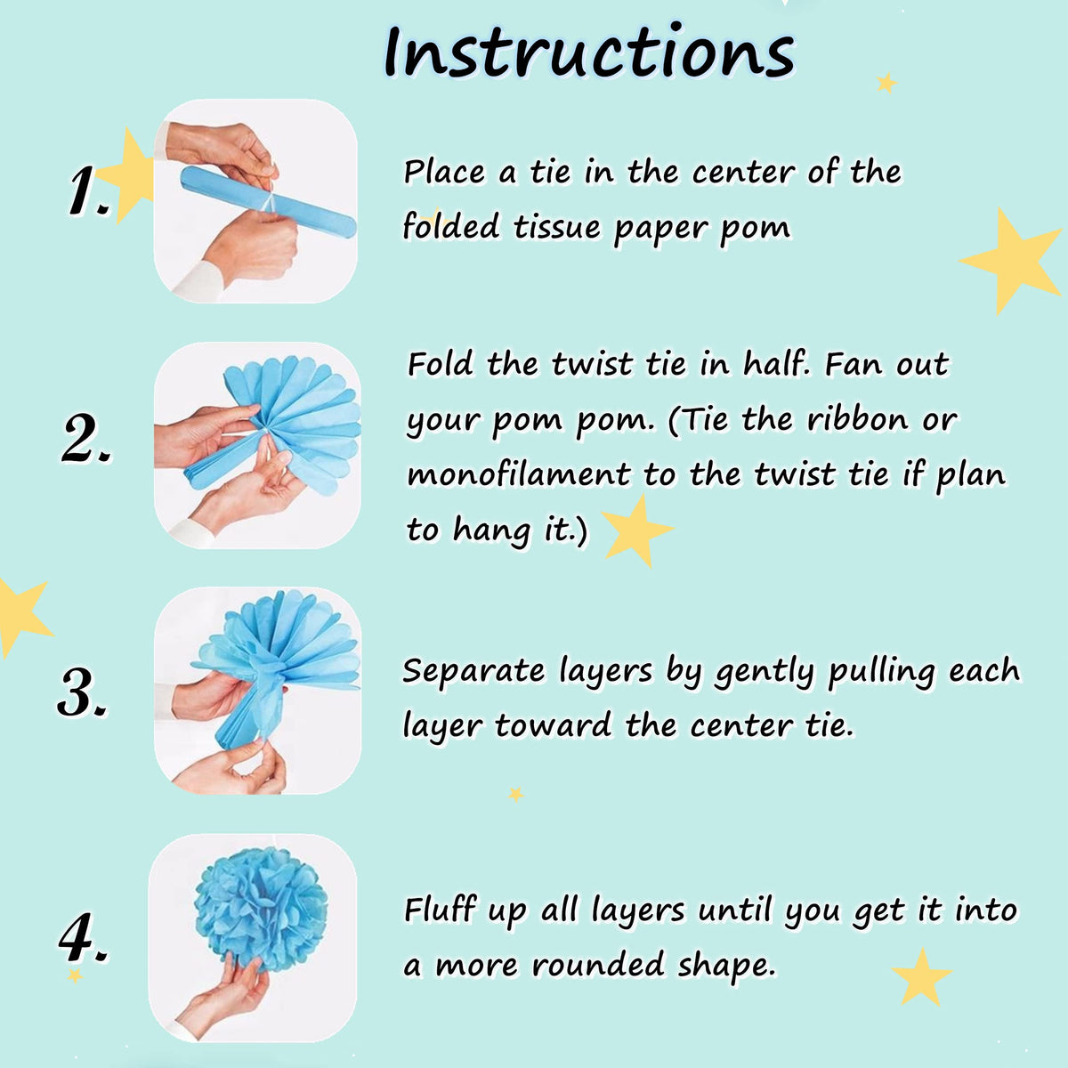 12pcs Blue Paper Pom Poms Set for Party Decor (Mixed Size 8/10/12 Inch)