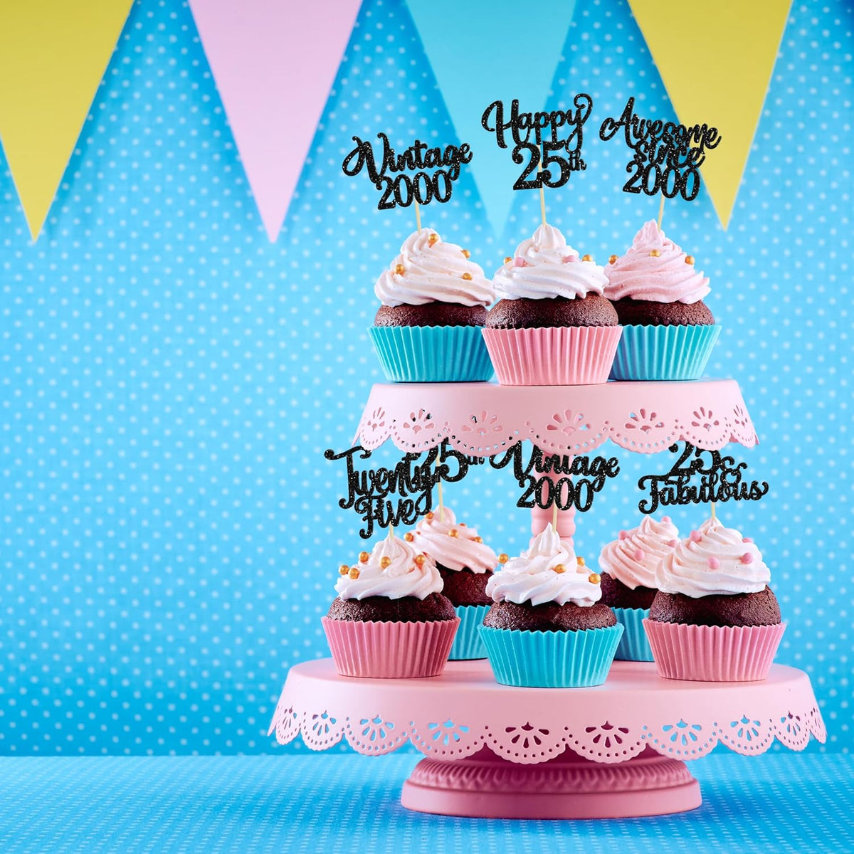 30Pcs Happy 25th Birthday Cupcake Toppers Glitter Awesome Since 2000 Twenty-Five 25 Fabulous