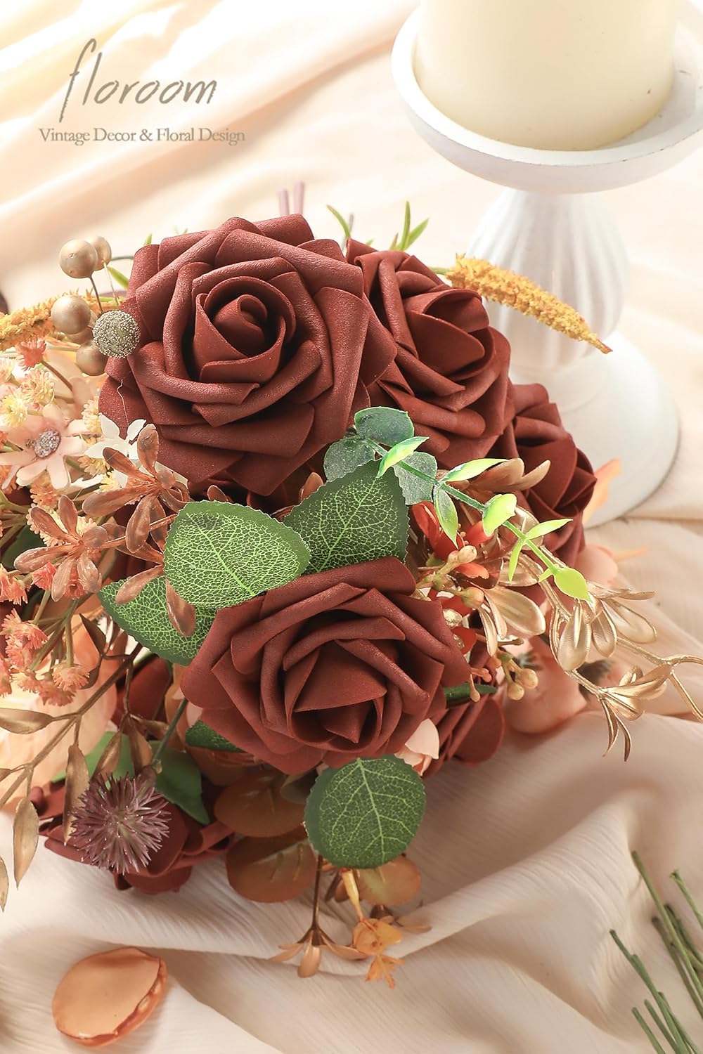 Floroom Artificial Flowers 25pcs Real Looking Terracotta Foam Fake Roses with Stems for DIY Wedding