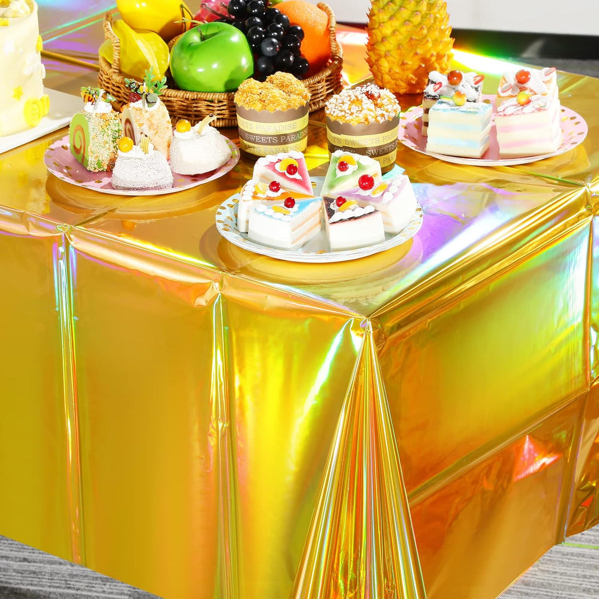 8 Pack Gold Iridescent Plastic Tablecloths Shiny Disposable Laser Rectangle Table Covers