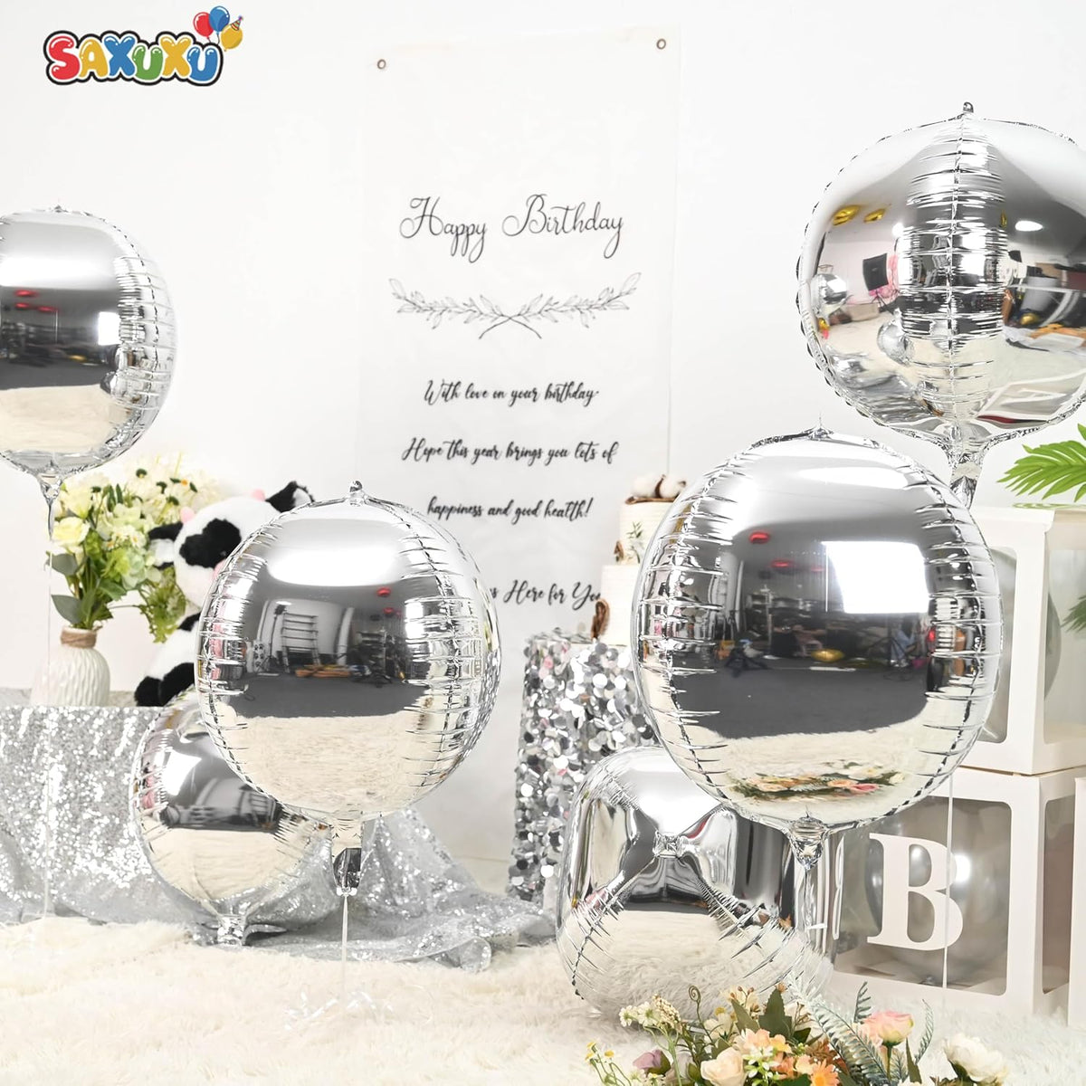 Giant 4D Foil Balloons, 6Pcs Large Metallic Silver Round Balloons, 22 Inch Big Round Foil Balloon