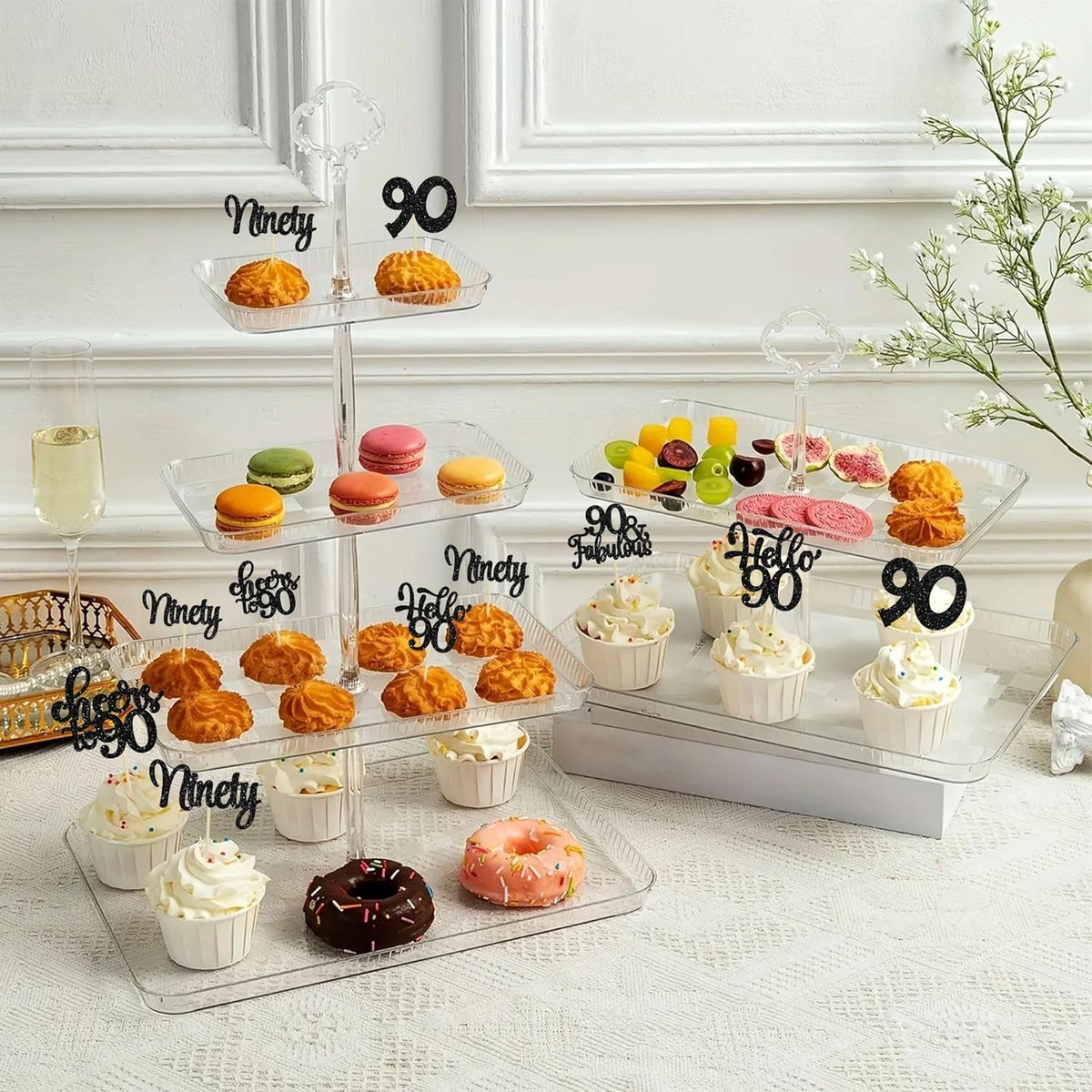 Gyufise 30Pcs Happy 90th Birthday Cupcake Toppers Black Glitter Ninety Cheers to 90 Years Old