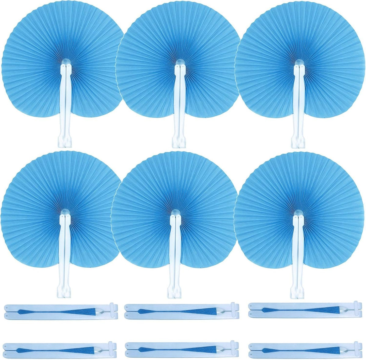 12 Packs Decorative Paper Folding Hand Fans Handheld,Blue Round Foldable Wedding Fans Chinese and