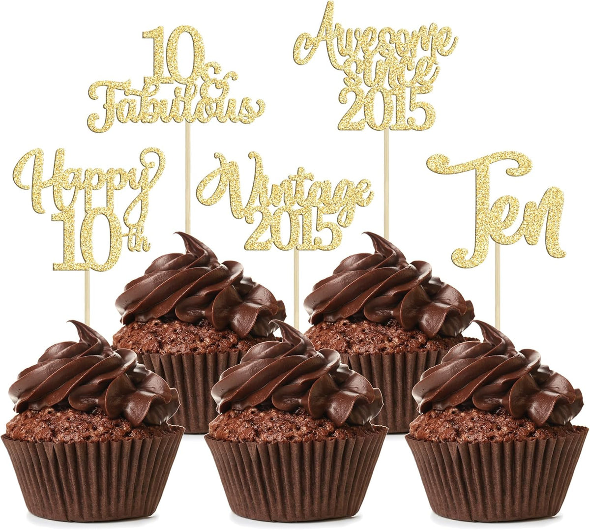 30Pcs Vintage 2015 Cupcake Toppers Glitter Happy 10th Birthday 10 Fabulous Cupcake Picks Cheers to