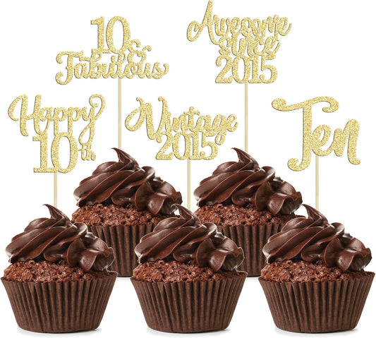 30Pcs Vintage 2015 Cupcake Toppers Glitter Happy 10th Birthday 10 Fabulous Cupcake Picks Cheers to