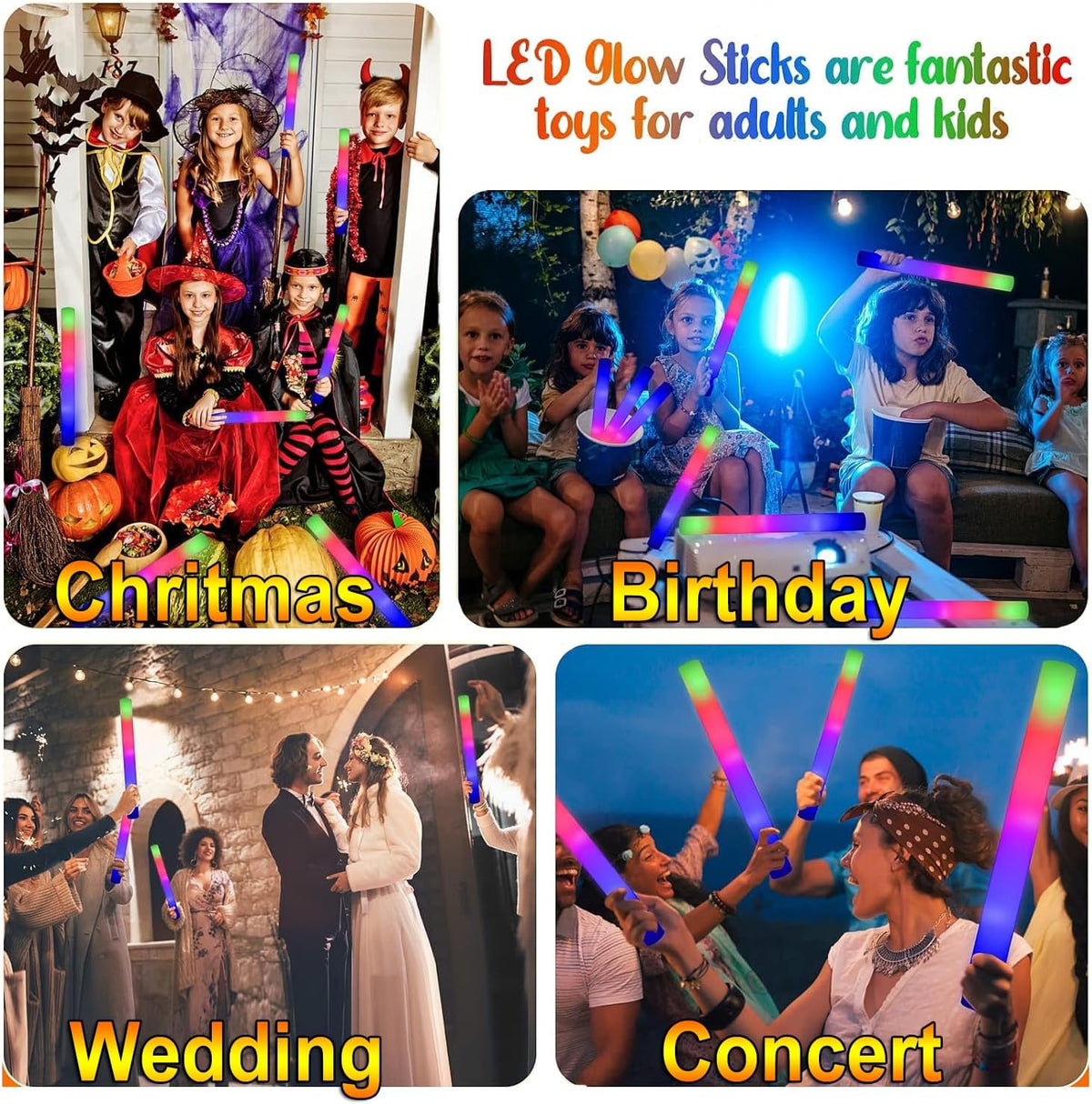LifBetter Light Up Glow Sticks Bulk, LED Foam Sticks in The Dark with 3 Modes Flashing Led Foam