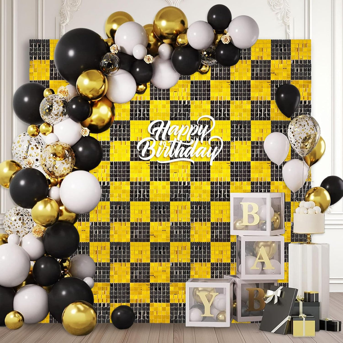 24PCS Black Gold Shimmer Wall Backdrop, Square Sequin Photo Backdrops Panel, Glitter Wall
