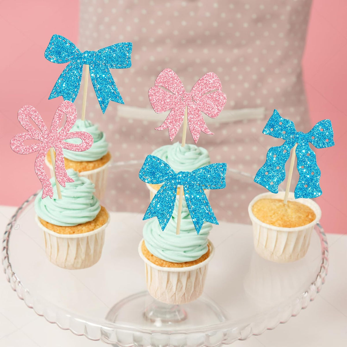 Ephlyn 24Pcs Pink Bow Cupcake Toppers Bow Birthday Cake Topper Girls Birthday Party Decorations