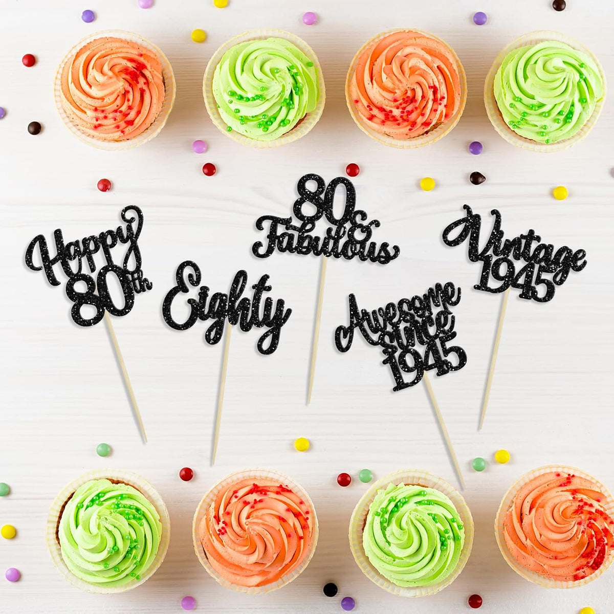 30Pcs Happy 80th Birthday Cupcake Toppers Glitter Awesome Since 1945 Eighty 80 Fabulous Vintage