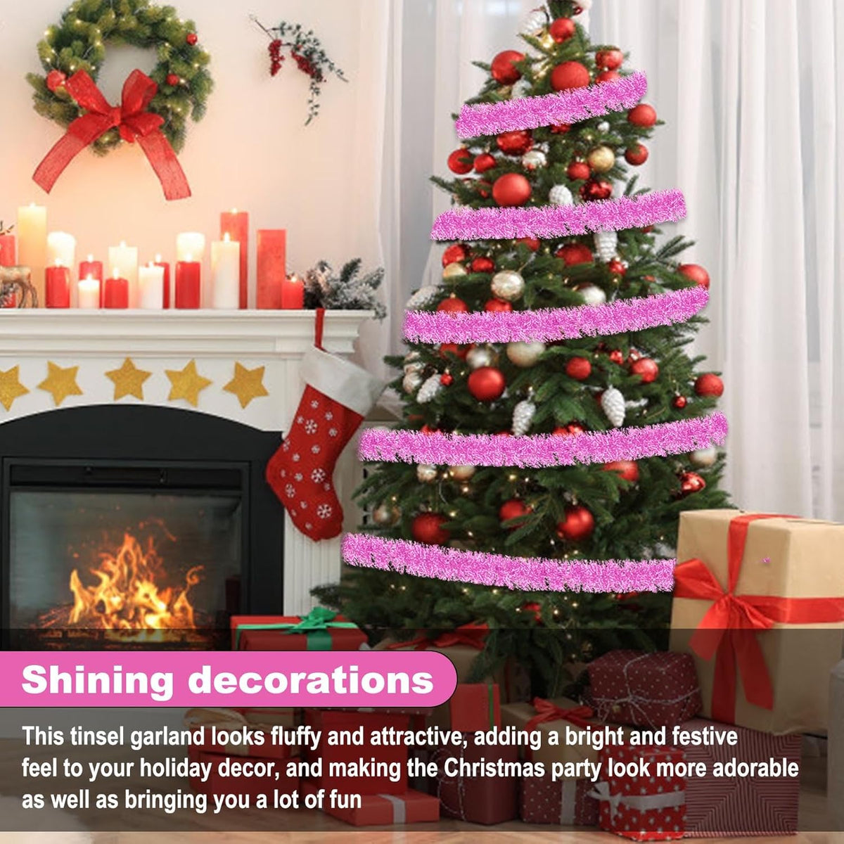 25 Feet Macaron Pink Christmas Tinsel Garland, Metallic Foil Twist Garland Wall Hanging Tinsel