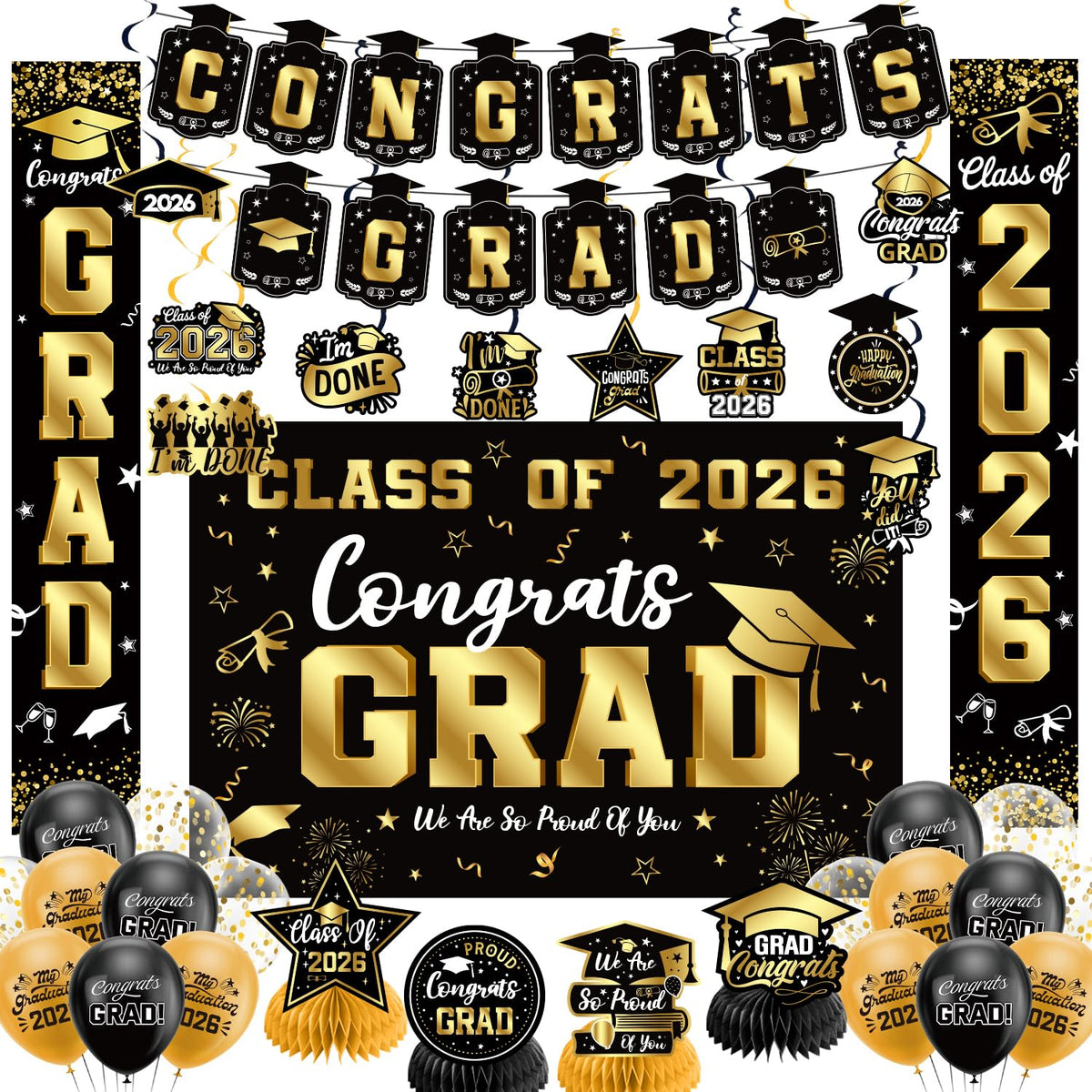 Graduation Decorations 2026 Set Black Gold, Congrats Grad Decor Set with Banner Backdrop Porch