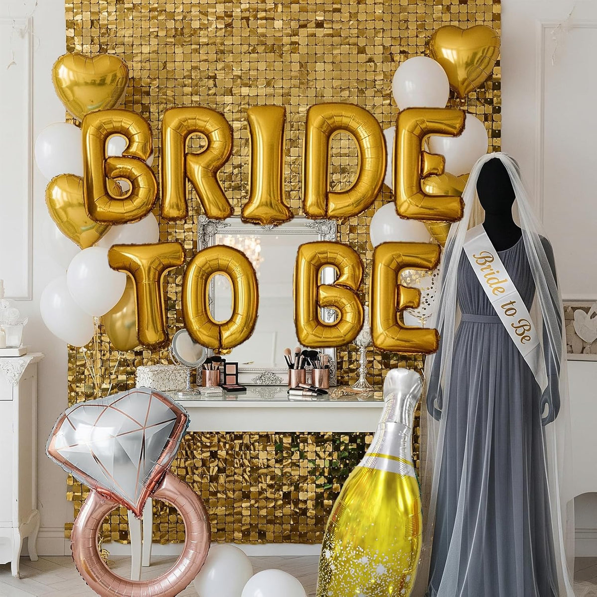 Gold Decorations pearl White balloons Bridal Veil BRIDE TO BE Balloons Sash with Diamond Ring Heart