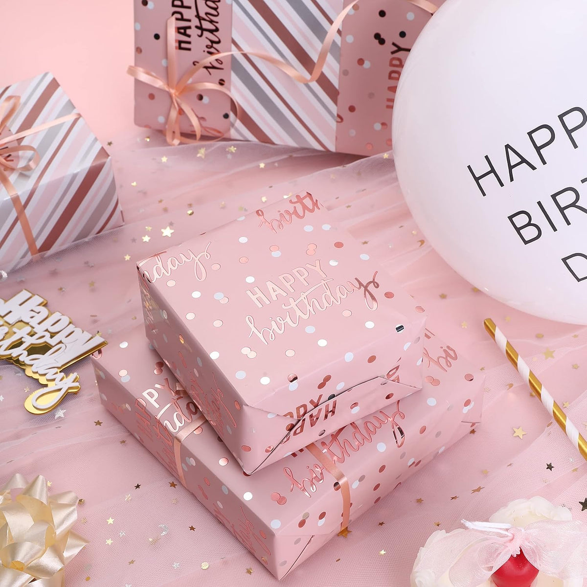LeZakaa Reversible Pink Birthday Wrapping Paper Roll for Girls Women, Happy Birthday Lettering &
