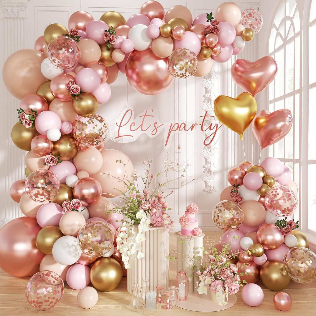Rose Gold Balloon Garland Arch Kit, 140Pcs Nude Pastel Pink Metallic Gold White Balloons Gold and