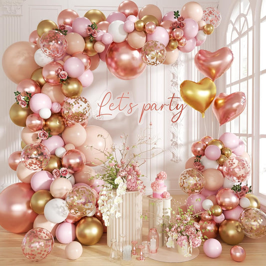 Rose Gold Balloon Garland Arch Kit, 140Pcs Nude Pastel Pink Metallic Gold White Balloons Gold and