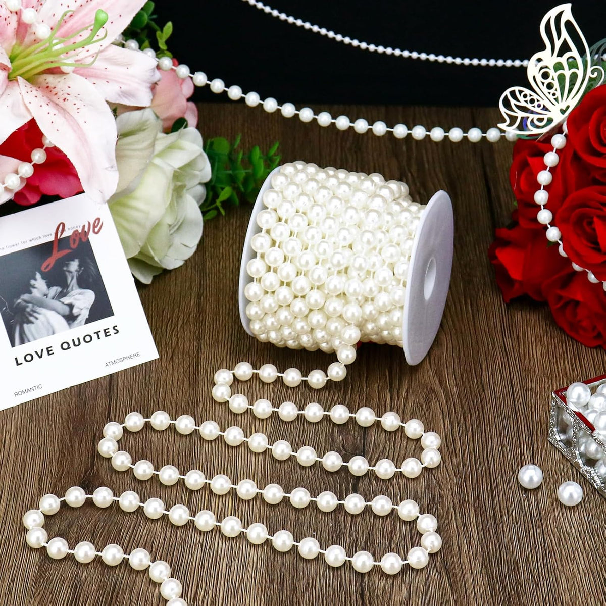 16 Feet 10mm Pearl Strings Garland for Crafts, Artificial Pearl Beaded Trim Chain Roll Strands for