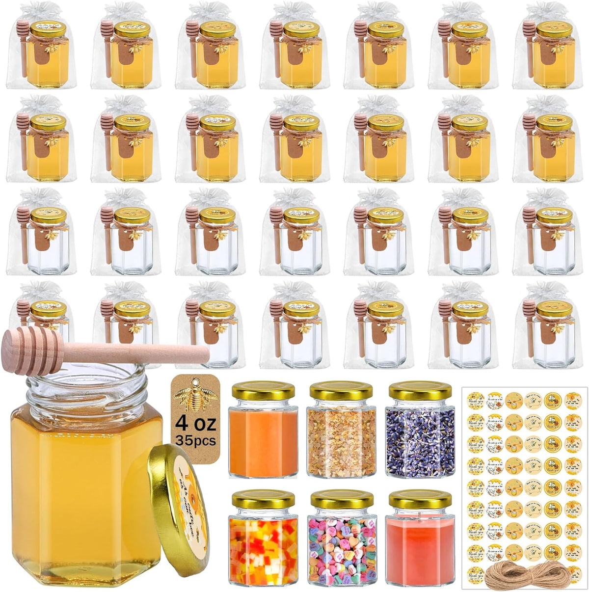 Aliggbent 35 Pack Small Honey Jars for Party Favors in Bulk, 4 oz Mini Hexagon Glass Honey Jars