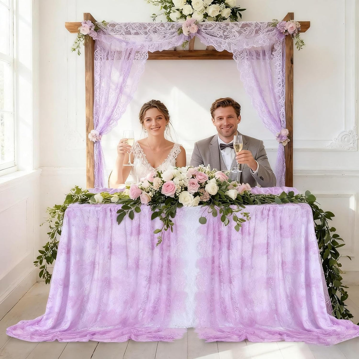 Light Purple Tablecloth Outdoor Lace Table Fabric 2pcs 60x120 Inch for Farmhouse Rustic Wedding