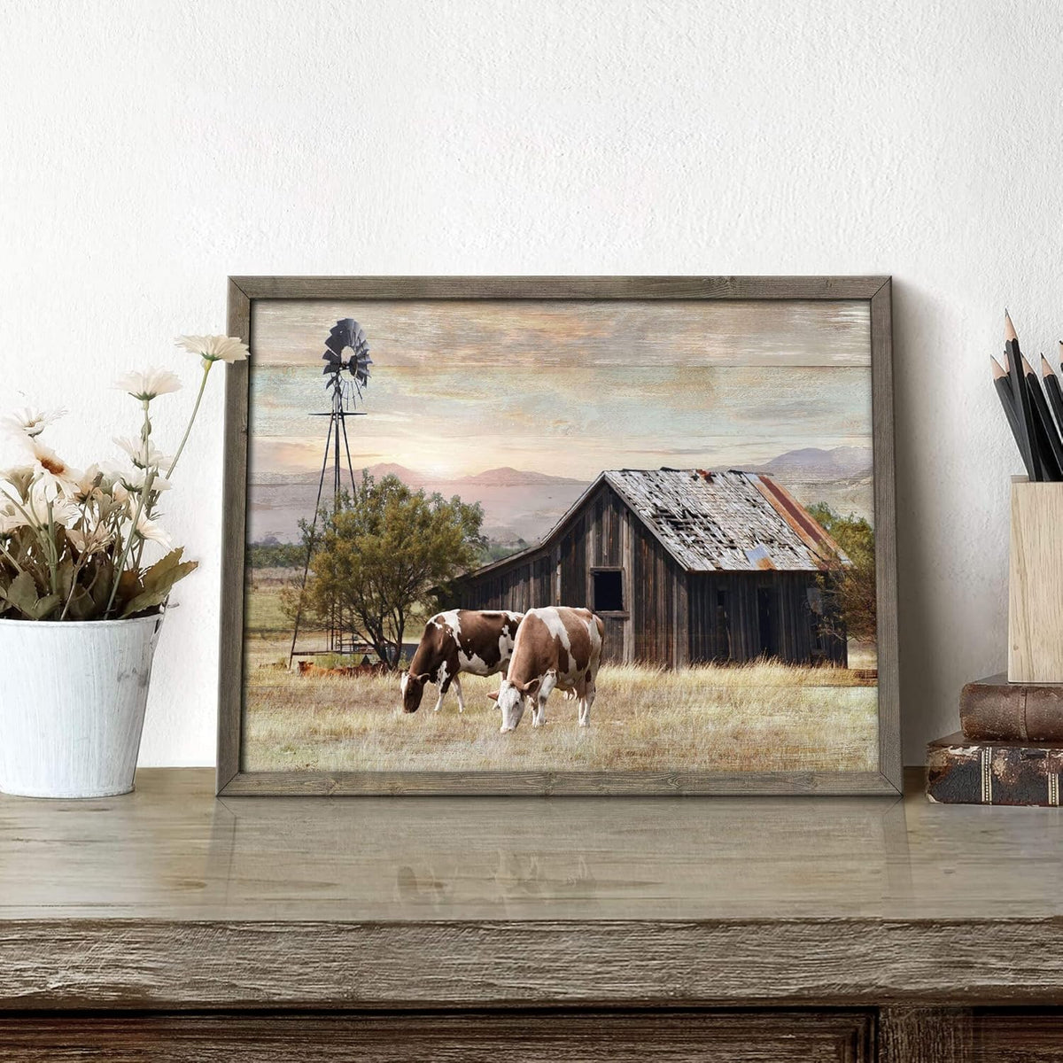 Nature Scene Wooden Framed Art：Horses&Vintage House under the Mountain Painting Print with Framed