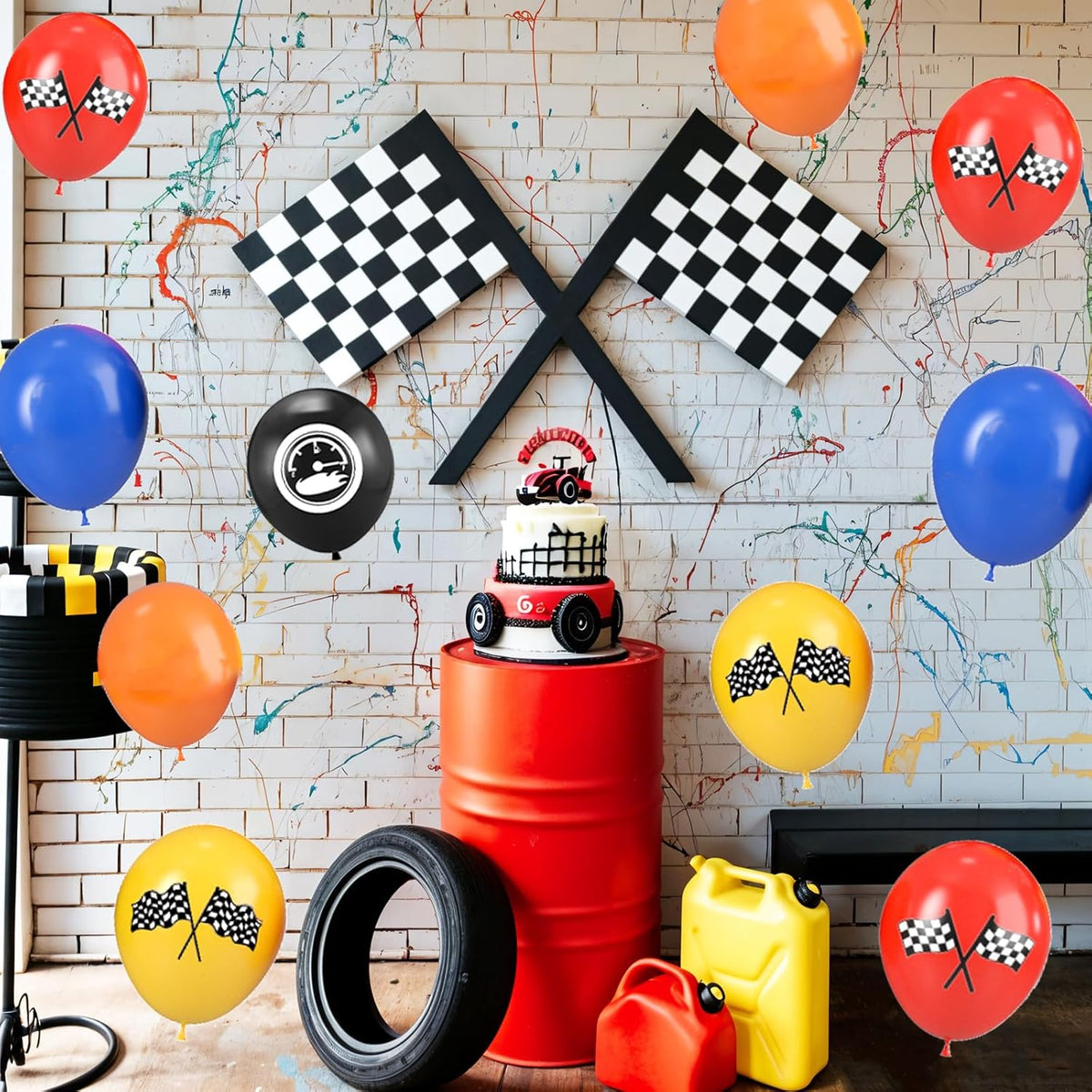 Race Car Balloons, 12 Inch Blue Black Yellow Orange Red Checkered Flag Car Balloons for Boy Race