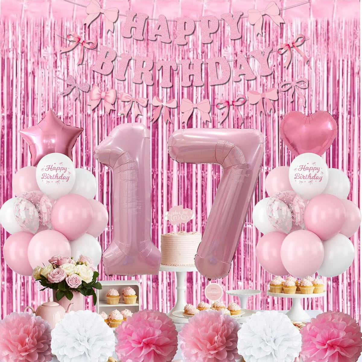 17th Birthday Decorations for Girls Pink Number 17 Balloon Bow Coquette Happy Birthday Banner