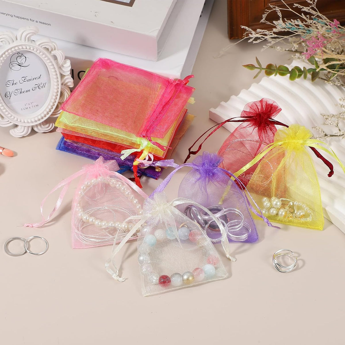 uxcell 50 Pcs Organza Gift Bags, 2.7x3.5 Inch Drawstring Pouches Jewelry Gift Bags, Small Wedding
