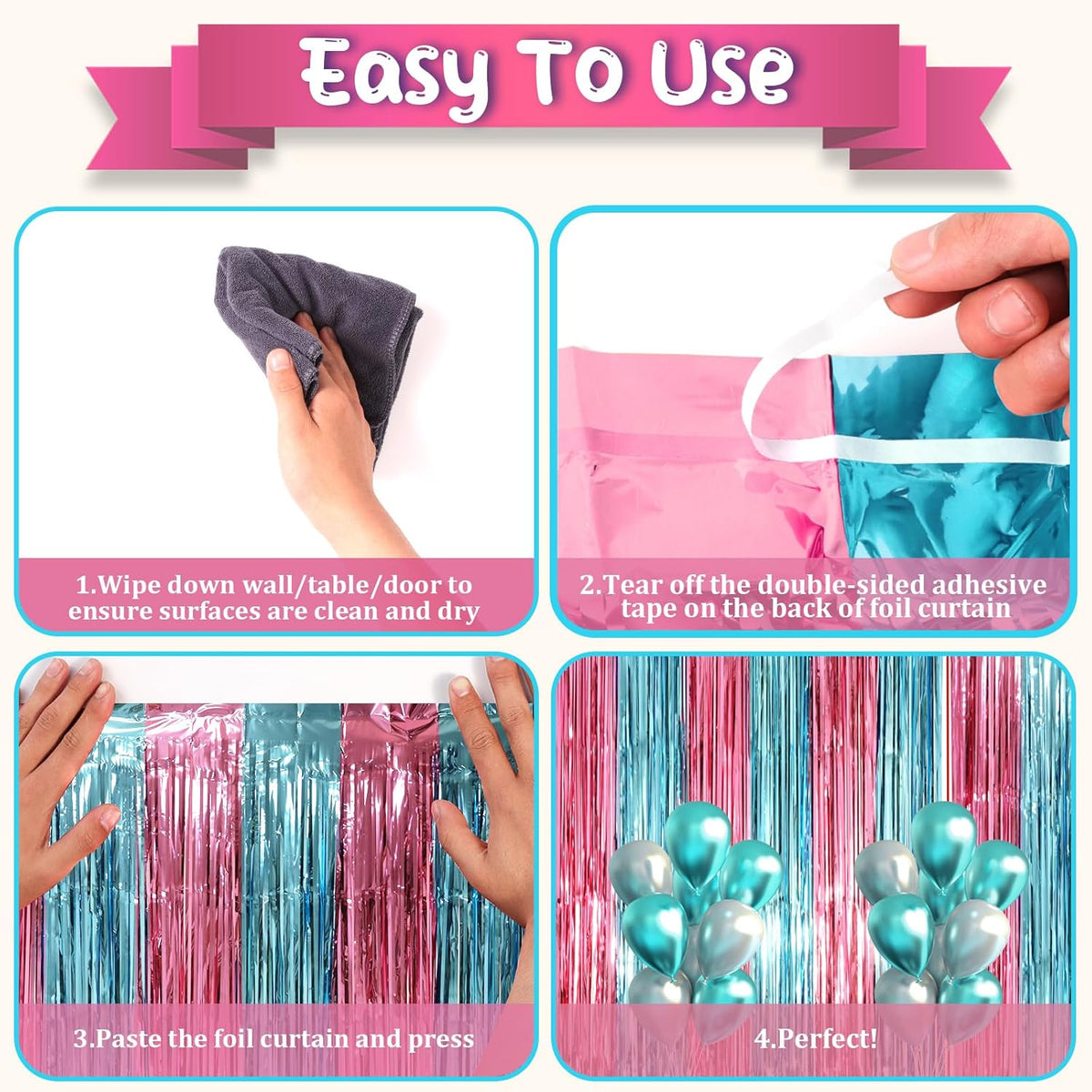 2 Pack Blue and Pink Foil Fringe Backdrop Curtains, Tinsel Streamers Mermaid Party Decorations