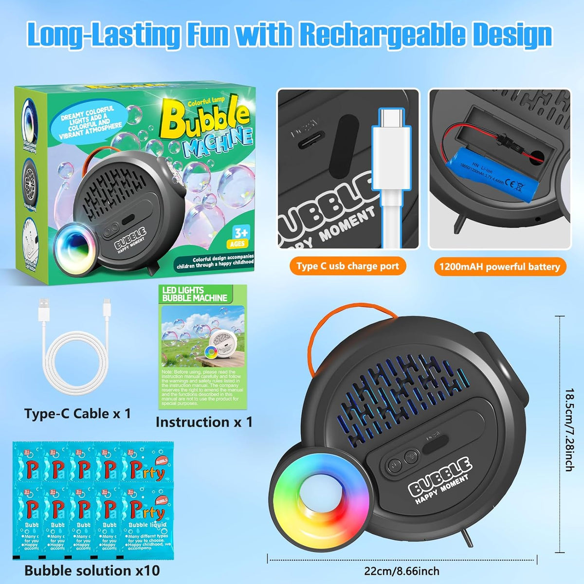 Bubble Machine for Kids Toddlers,Automatic Bubble Maker with RGB Light,Rechargeable Type-C Charge