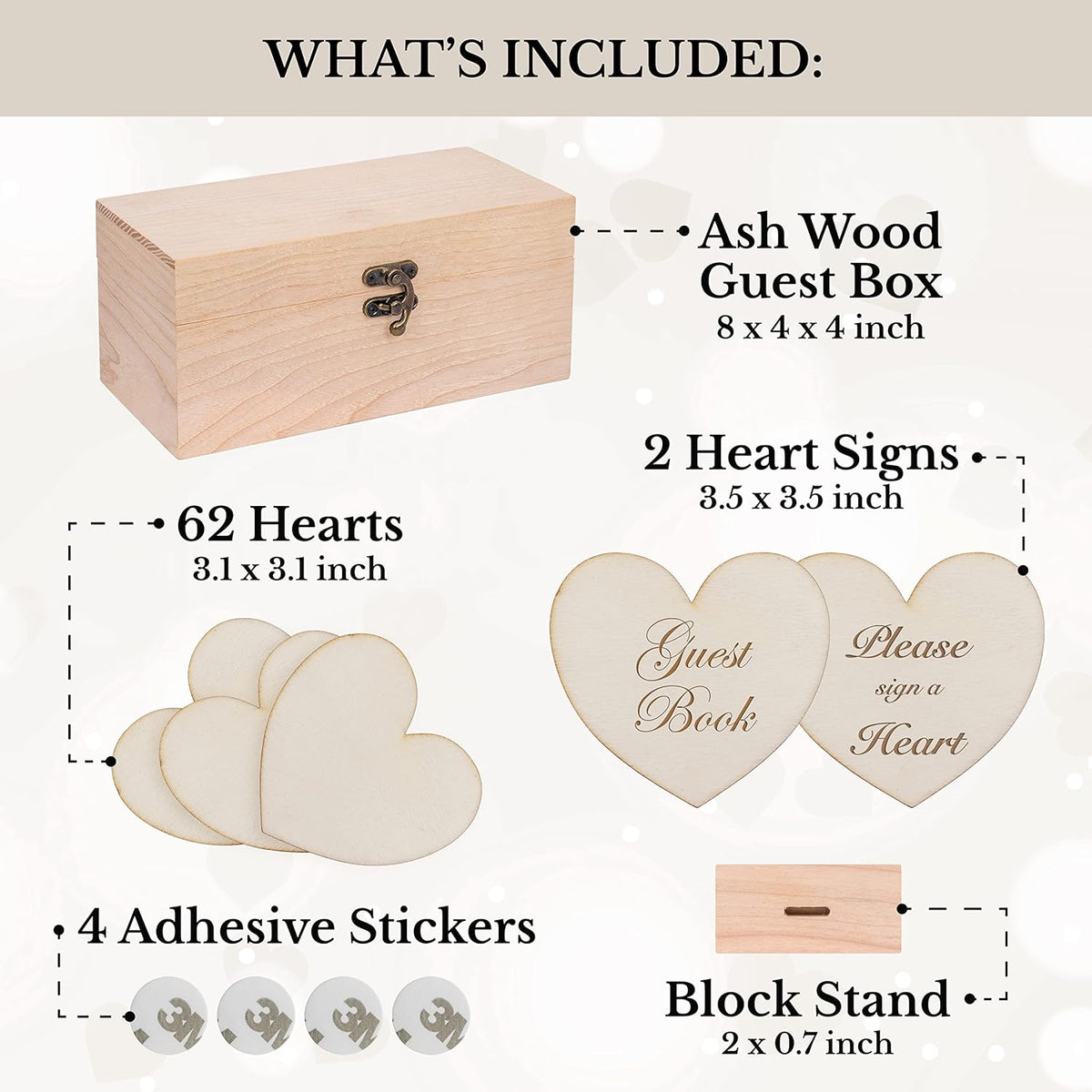 Jecor Alternative Guest Book Box - Wedding Guest Book Alternative - 62 Large Wooden Hearts - Also