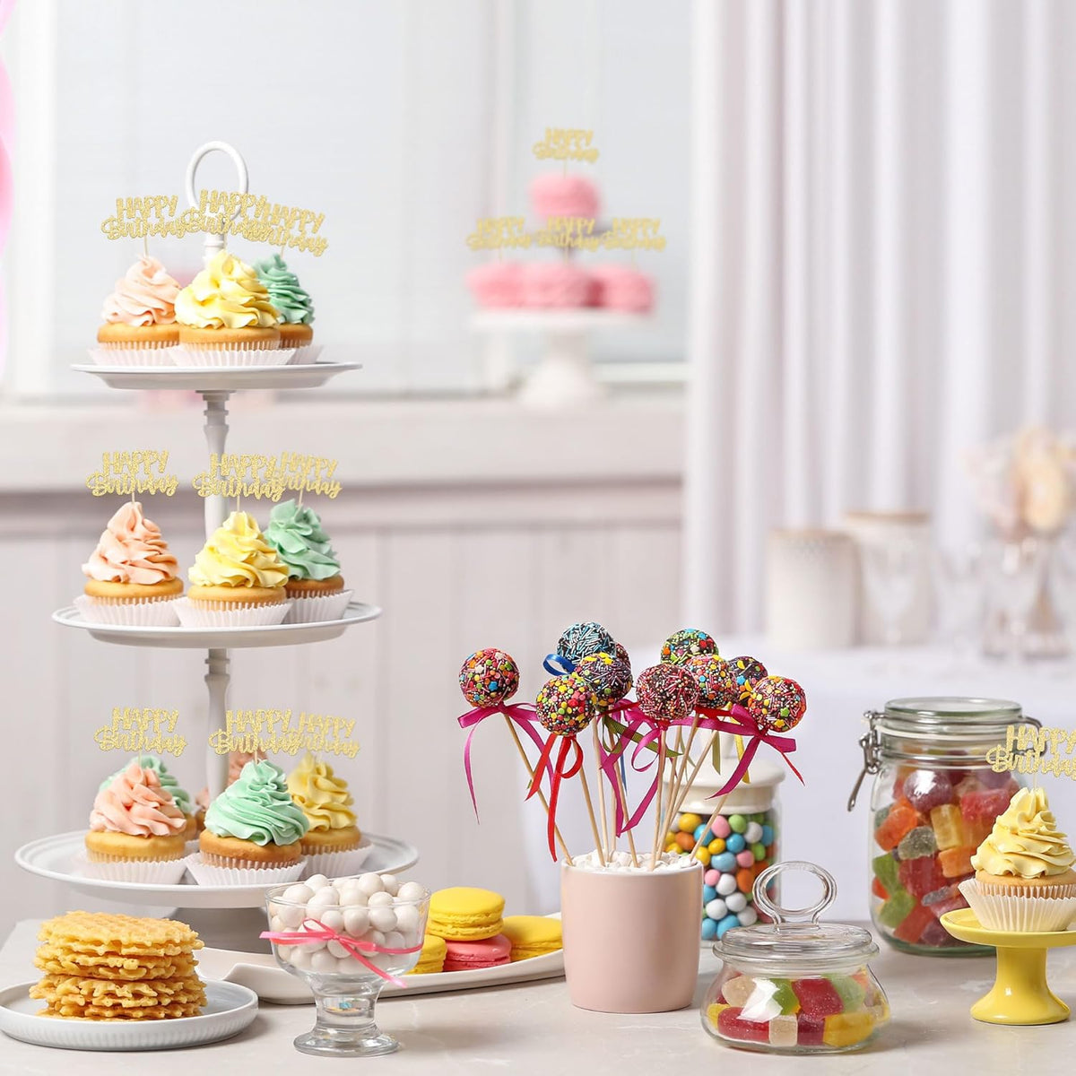 Gyufise 24Pcs Happy Birthday Cupcake Toppers Gold Glitter Celebrating Birthday Cake Picks Baby