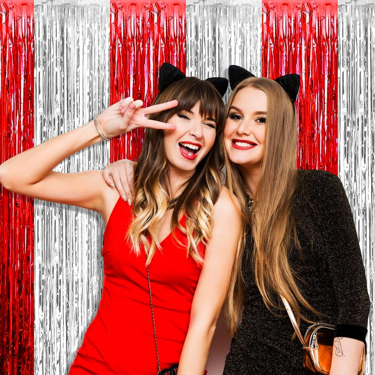 4 Pack Silver Red Foil Fringe Curtain Backdrop, 3.28Ft x 9.8Ft Metallic Tinsel Foil Fringe