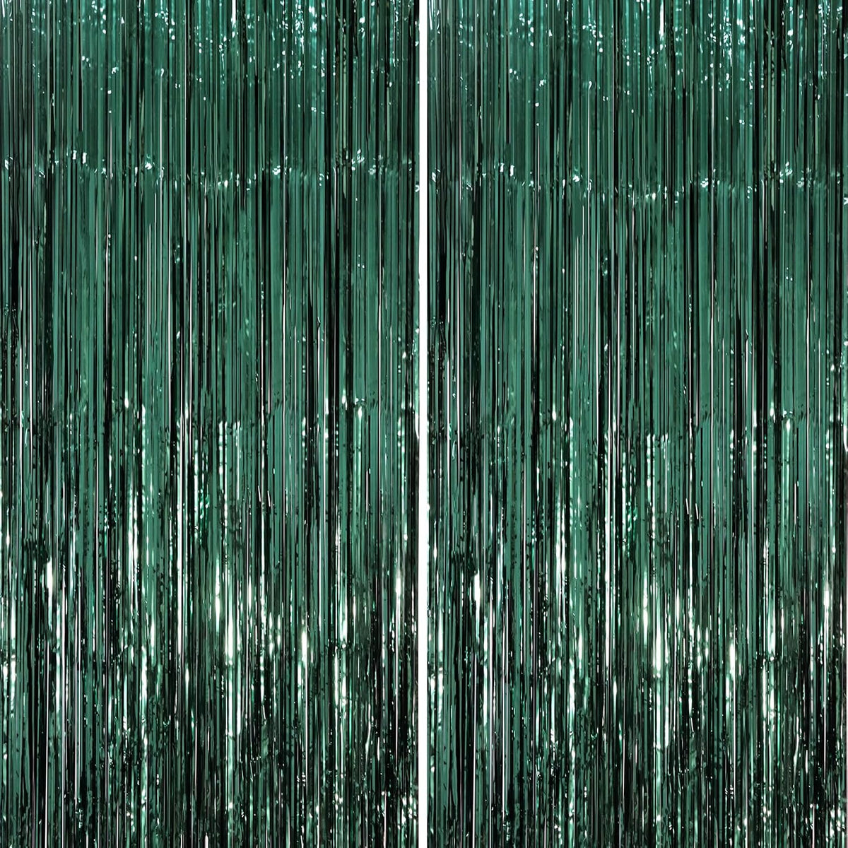 2 Pack Retro Green Foil Fringe Backdrop Curtains, Tinsel Streamers Party Decorations, Fringe