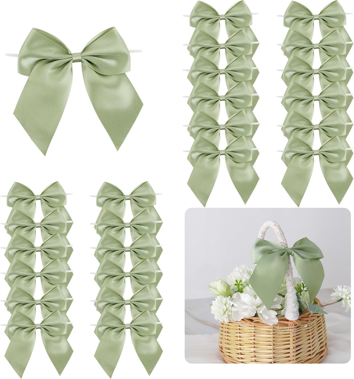 5'' Sage Green Bow Party Decorations Satin Bows, Twist Tie Bows for Treat Bags, Cake Pops, Pre-tied