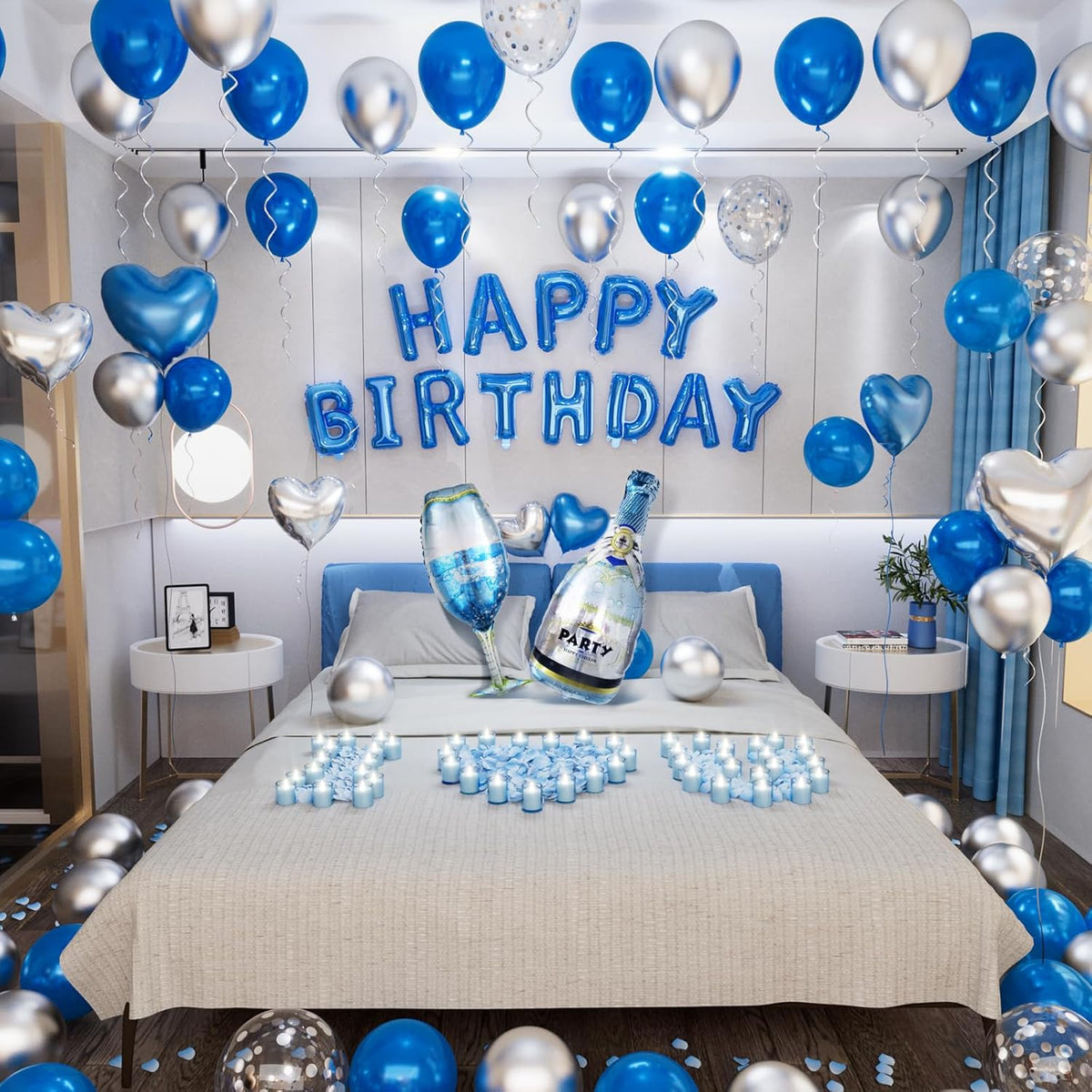 Blue Happy Birthday Decorations for Men Blue and Silver Biirthday Balloon Letters Banner with