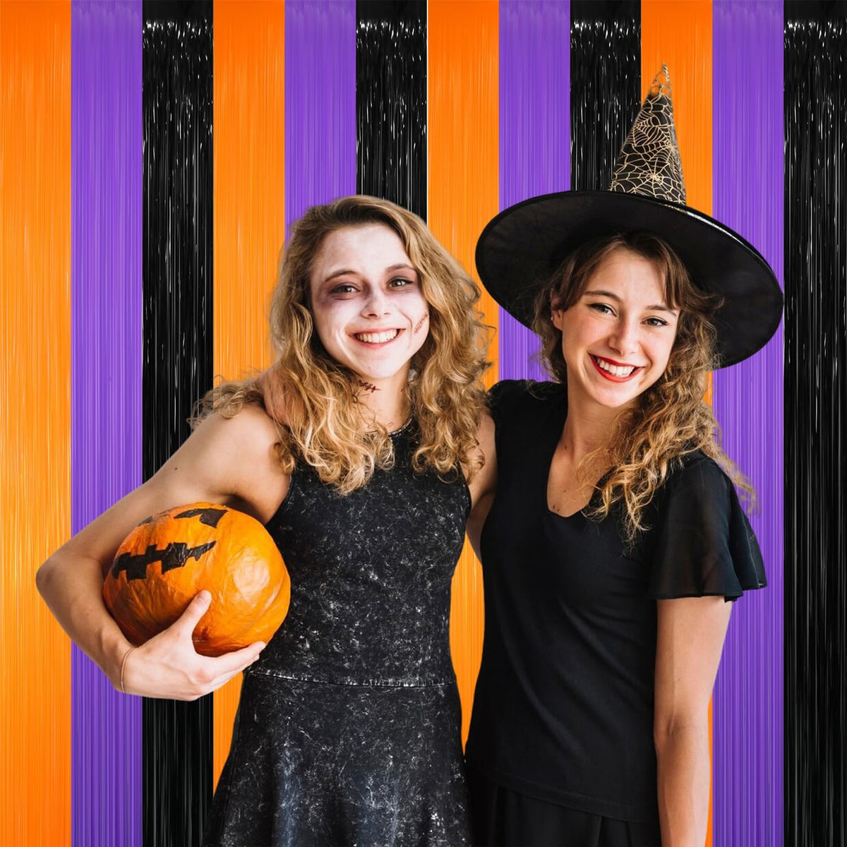 GOER 3.2 ft x 8.2 ft Metallic Tinsel Foil Fringe Party Backdrop for Halloween Birthday Graduation