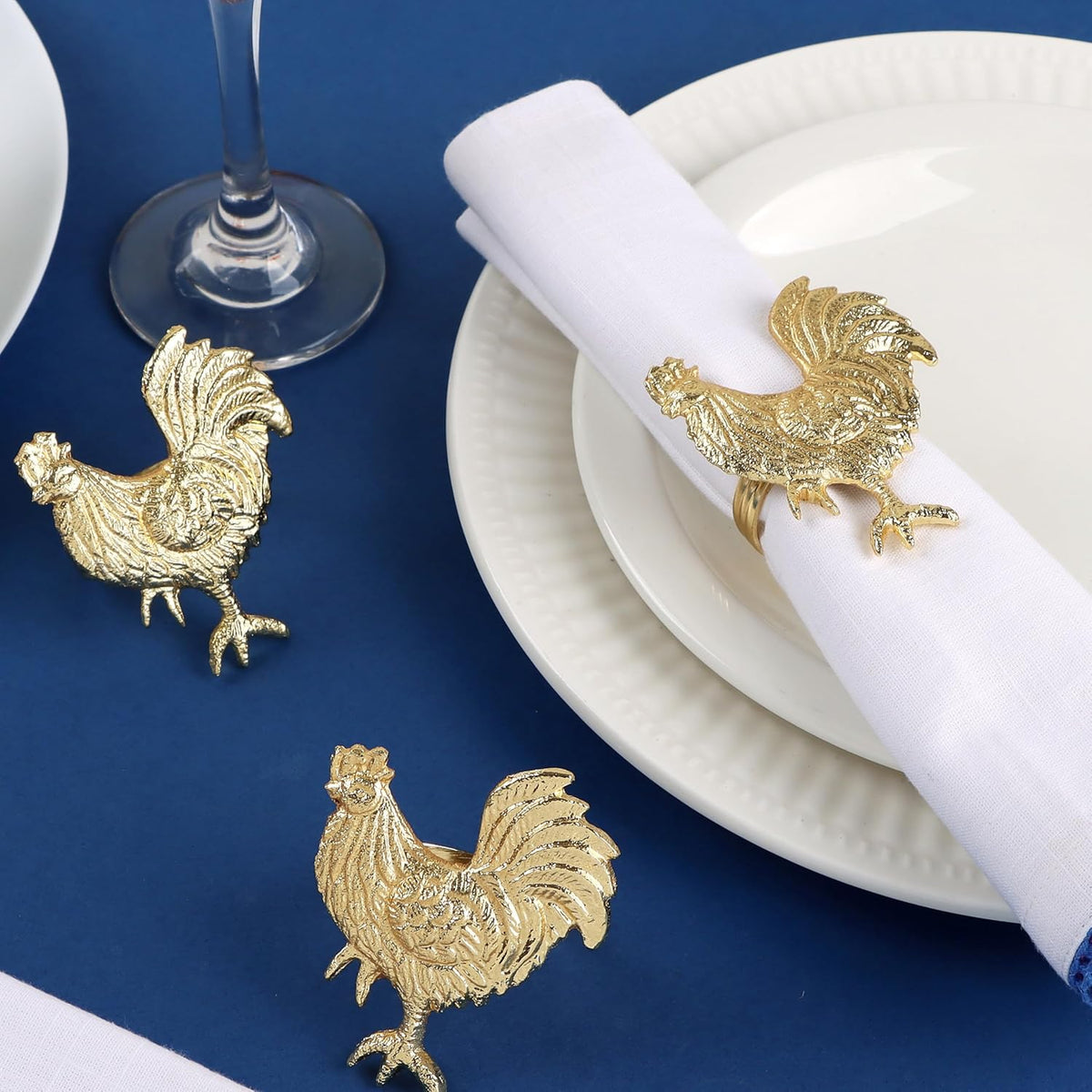 Set of 12 Rooster Napkin Rings for Farmhouse Table Decor | Premium Metal Chicken Dinnerware Holders