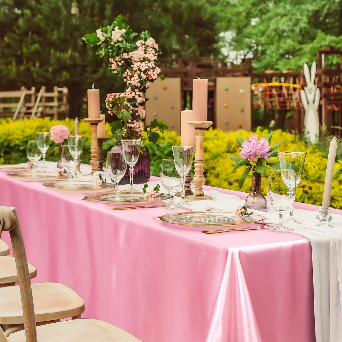TURSTIN 1 Pack Pink Satin Tablecloth 102 x 58 Inch Overlay Satin Table Cover Rectangle Bright Silk