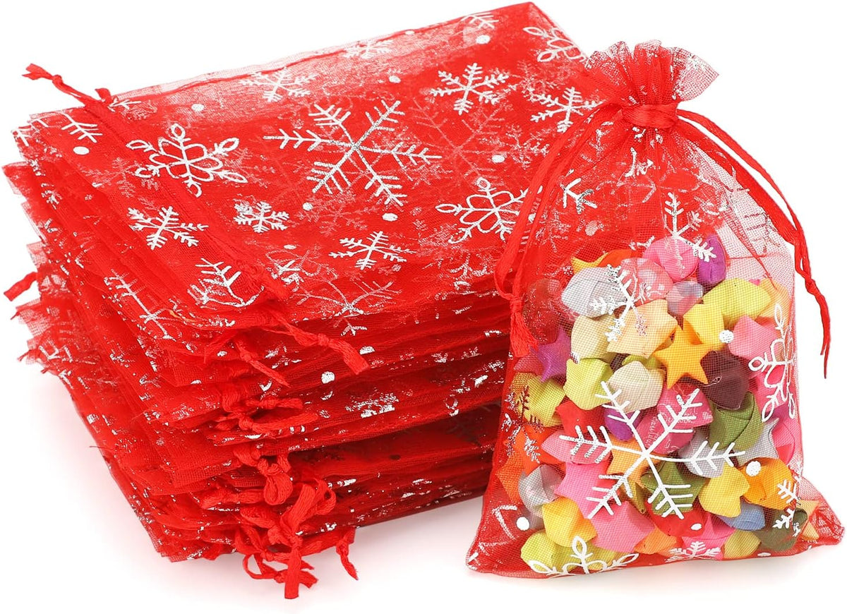 jijAcraft 4x6 Inch Christmas Organza Bags - 50Pcs Red Snowflake Gift Bags with Drawstring, Xmas