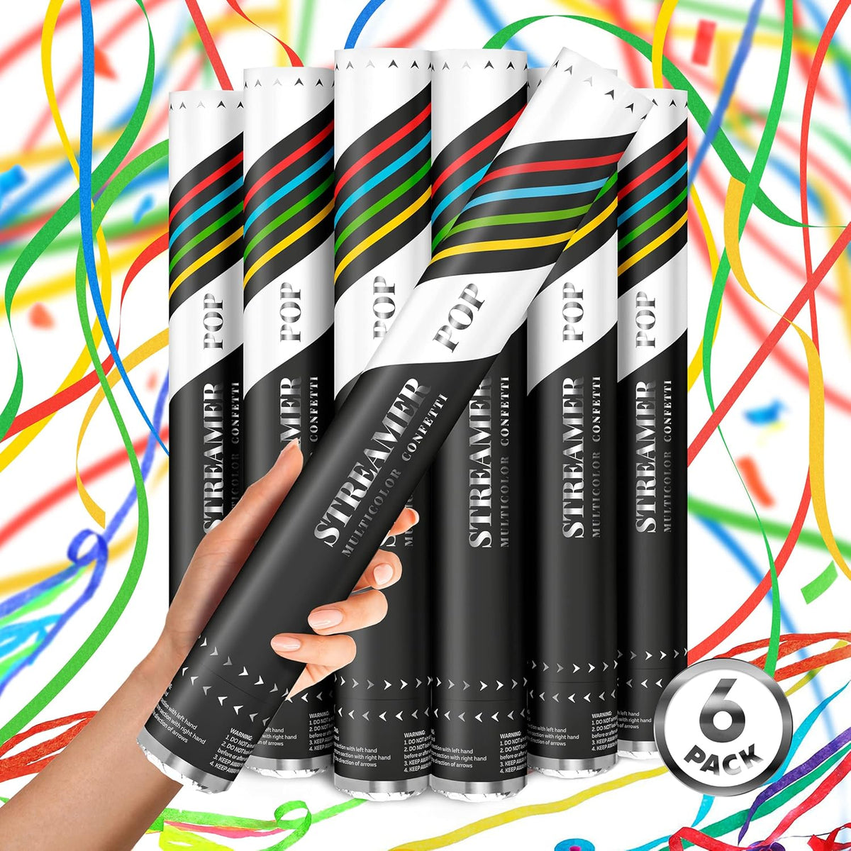 16" STREAMERS Confetti Cannons - 6Pack Biodegradable Colorful Streamers Confetti Party Poppers, No