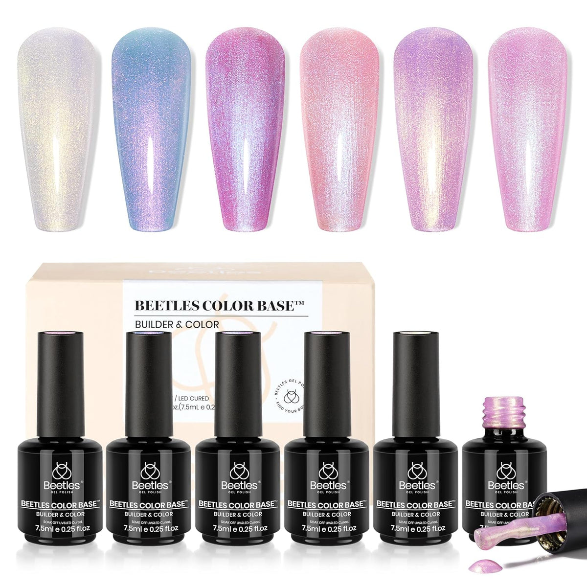 Beetles Pearl Rubber Base Gel Set- 6Pcs Pastel Rubber Base Coat Shimmer Pearl White Pink Purple