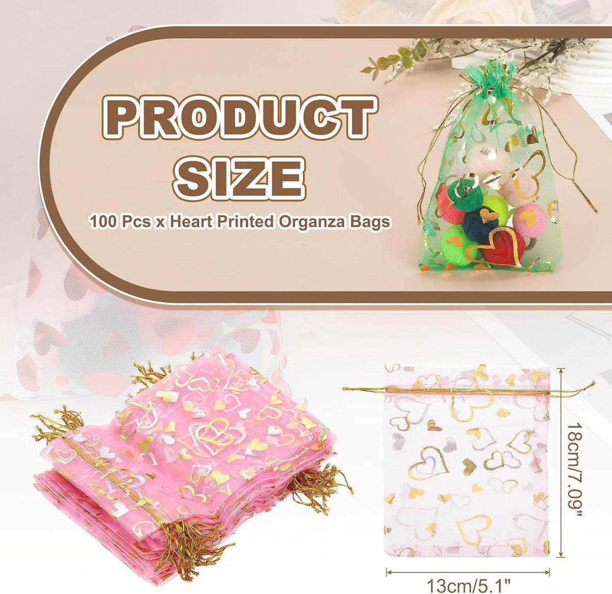 PATIKIL 100 Pcs 5x7 Inch Heart Printed Organza Bags, Pink Sheer Heart Organza Bags with Drawstring