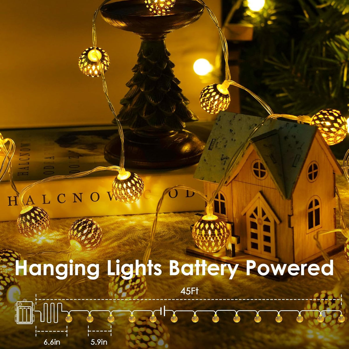 LORRYTE Moroccan String Lights Outdoor Battery Operated, 60 LED 36 FT Globe Fairy Lights with 8