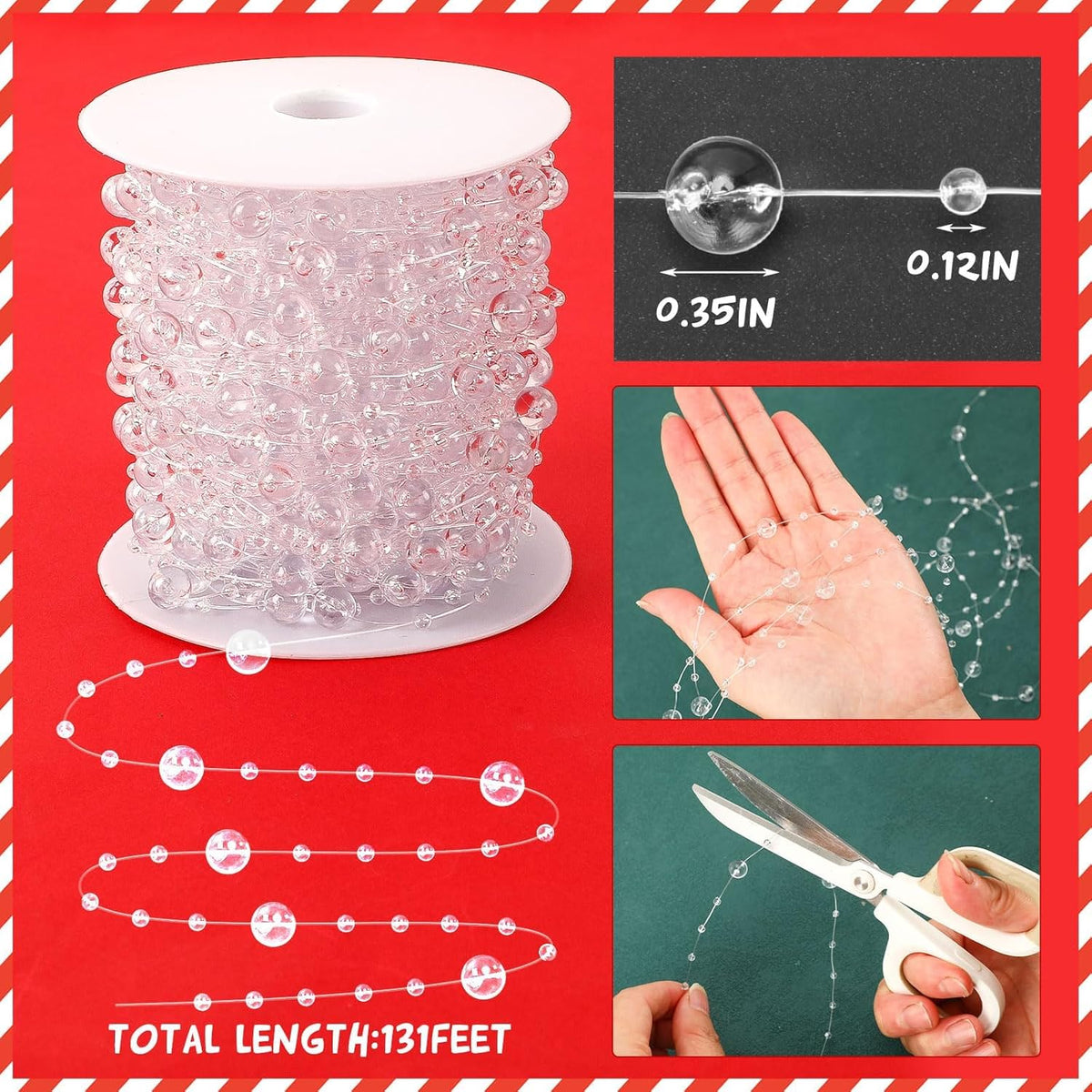 JULBEAR Beads Garland Decoration, 1Rolls 131Feet Clear Christmas Pearl Strands Chain Bead Garland