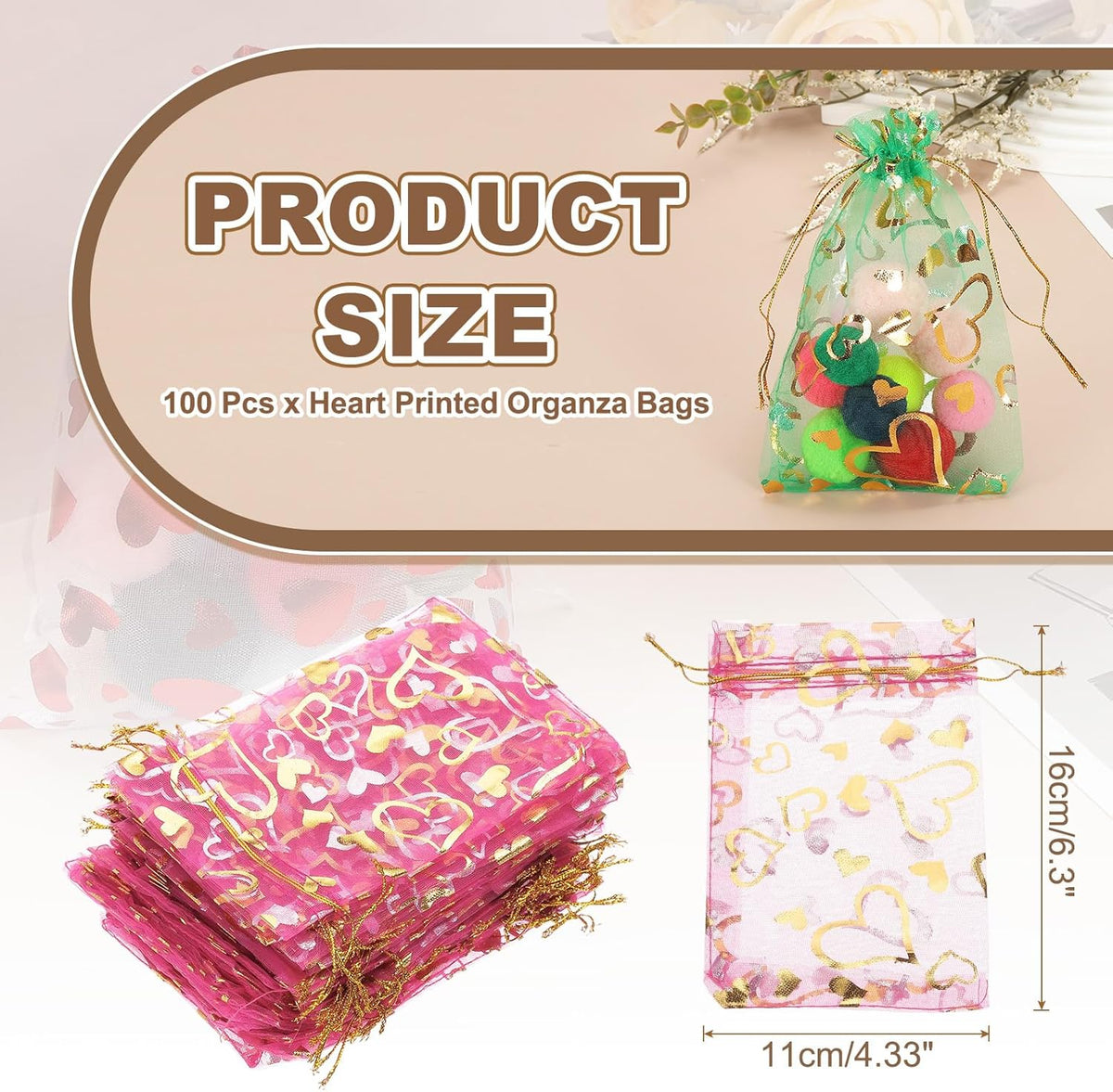 PATIKIL 100 Pcs 4x6 Inch Heart Printed Organza Bags, Rose Red Sheer Heart Organza Bags with
