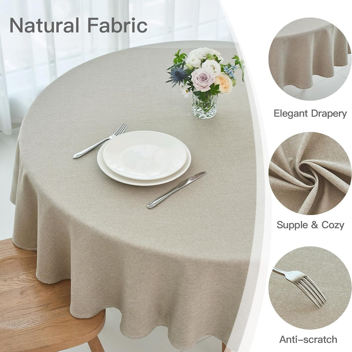 maxmill Round Linen Textured Tablecloth Spill-Proof Stainproof Wrinkle Free Washable Fabric Table