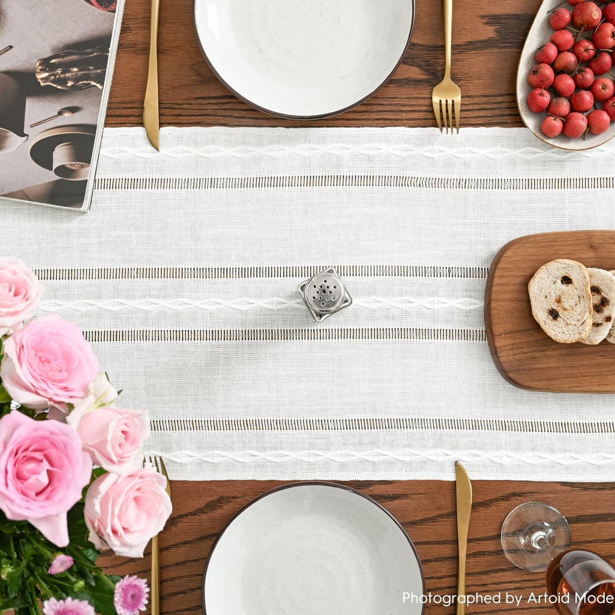 Artoid Mode Rustic Cotton Linen Table Runner, Seasonal Embroidered Hollow Kitchen Dining Table