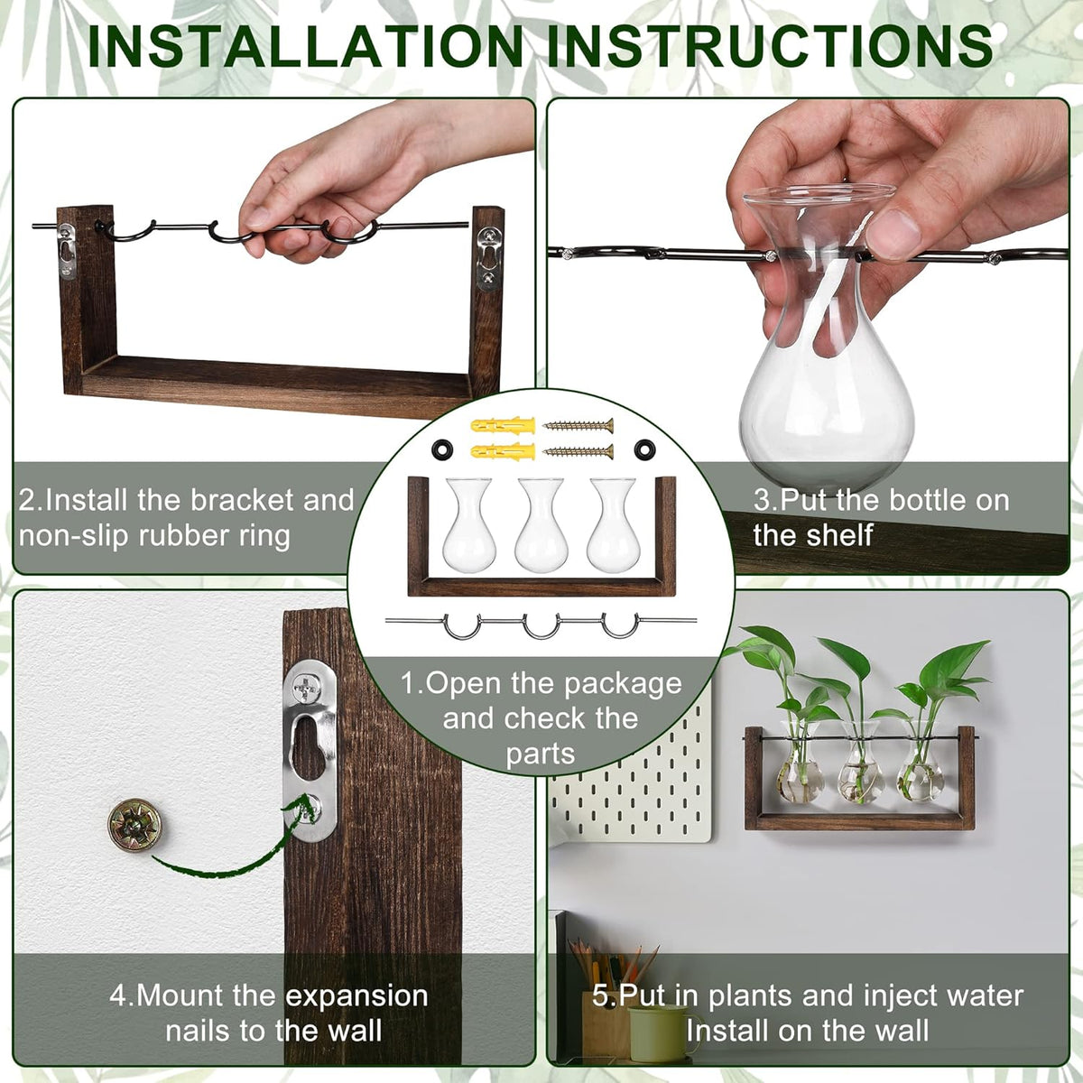 YIBOT Wall Hanging Planter Propagation Station, Plant Terrarium with Wooden Stand, Hydroponics